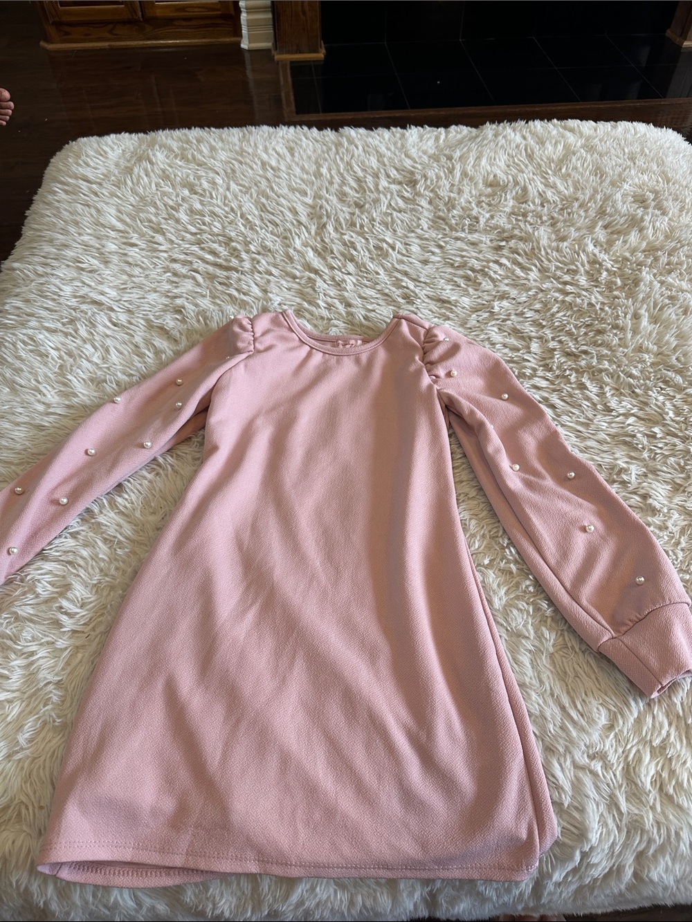 Girls' Pink Pearl-Accent Long Sleeve Casual Dress